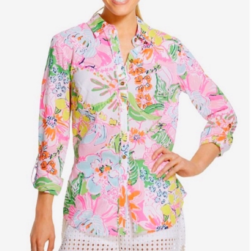Lilly Pulitzer Target Nosey Posey Pink Aqua Blue Floral Button Down Blouse - S